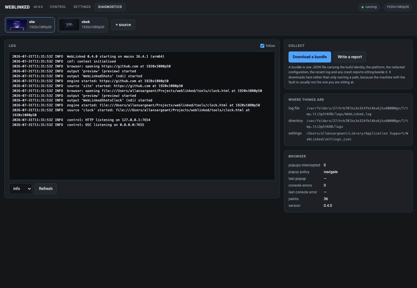 The Diagnostics page.