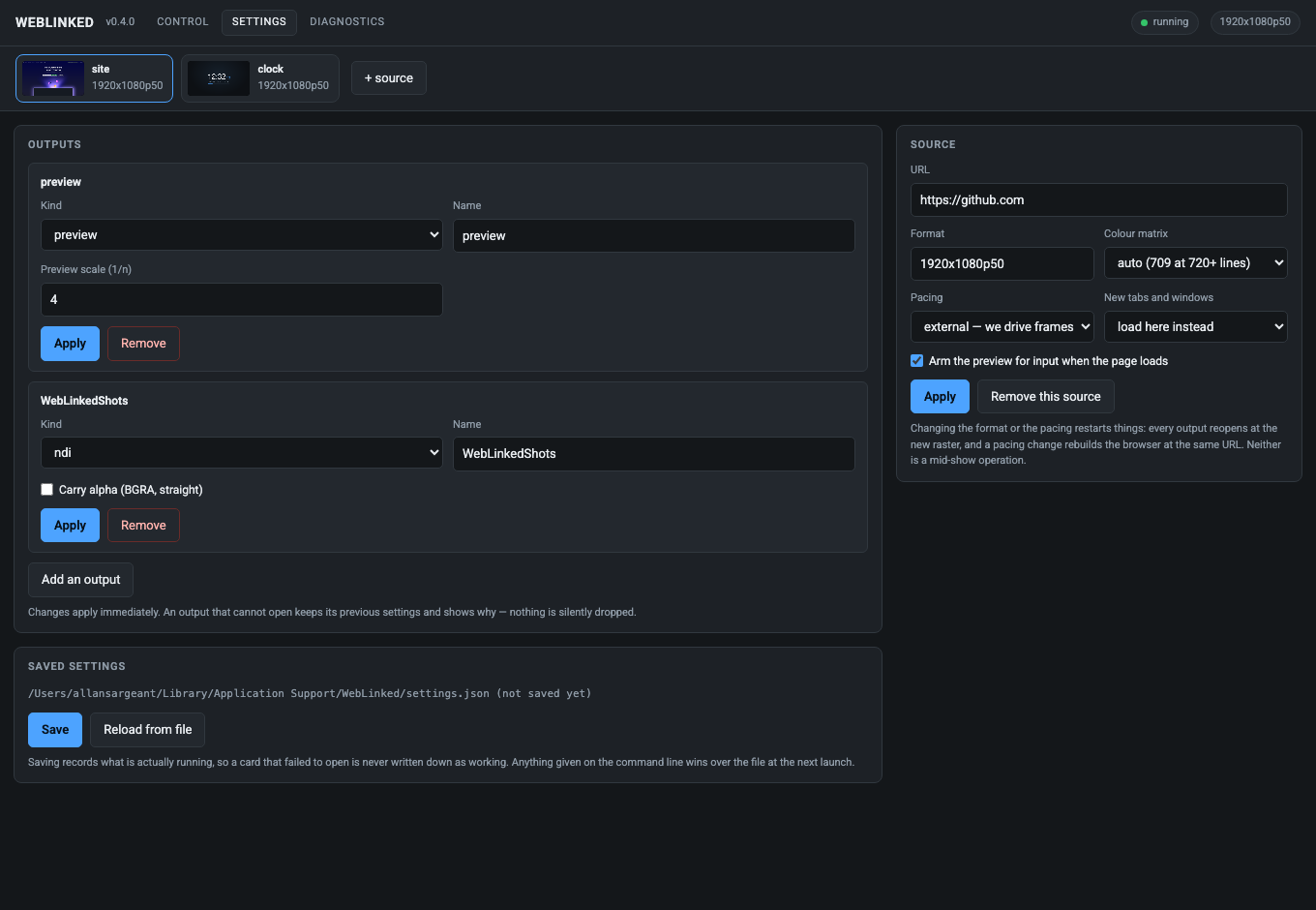 The Settings page, with one editor per output showing only the fields that backend actually has.