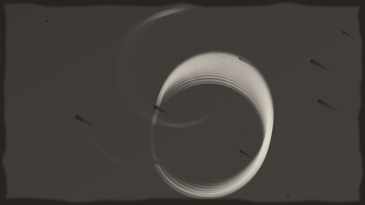 Resolume’s demo clip Trinity through the plate: a ring’s orbit stacked into a spiral of ghosts on a warm grey tintype with a bare pour edge and a few comets