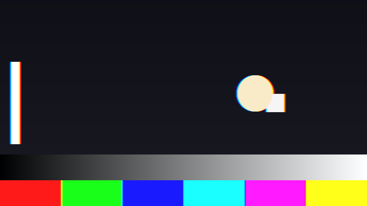 A rightward pursuit over the harness’s moving card: red leads and blue trails on every bright edge