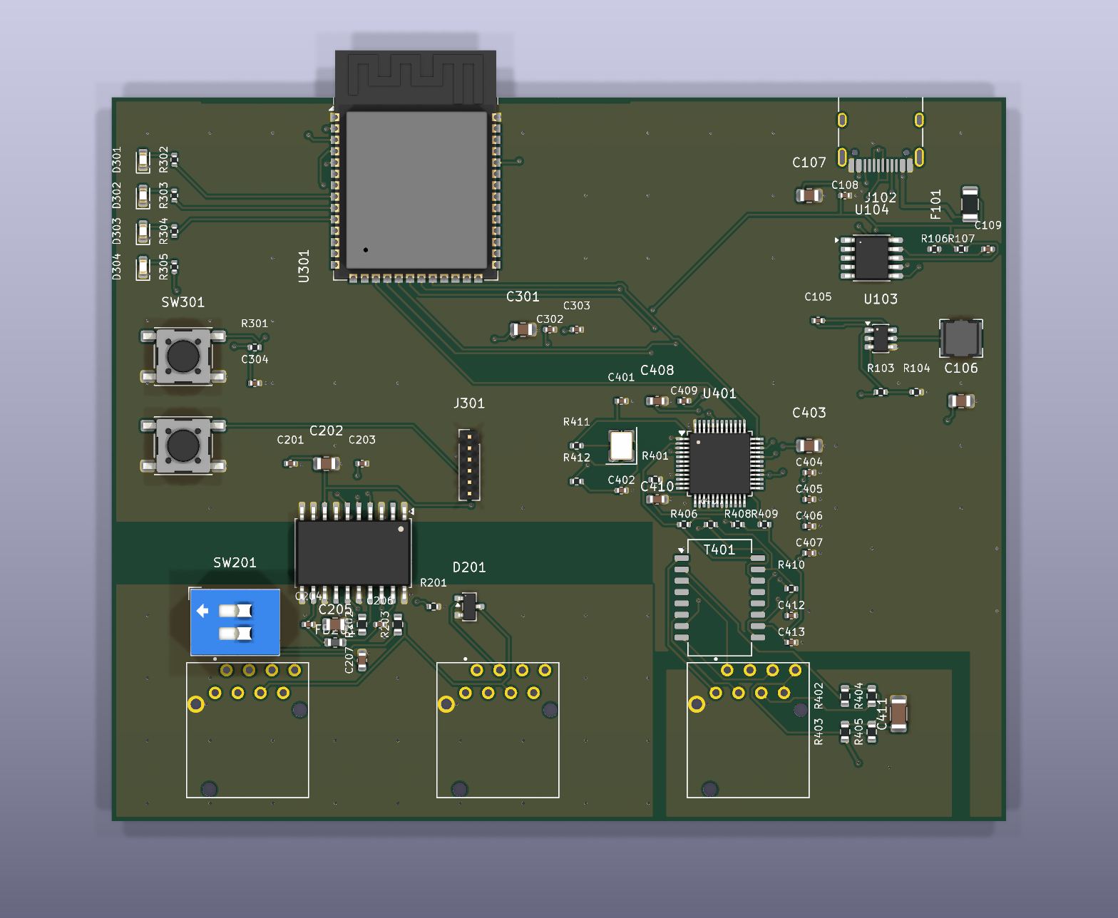 Top view render of the CANary rev A board, showing the processor module at the top, the network controller and magnetics on the right, the isolated CAN transceiver at lower left, and three connector footprints along the bottom edge