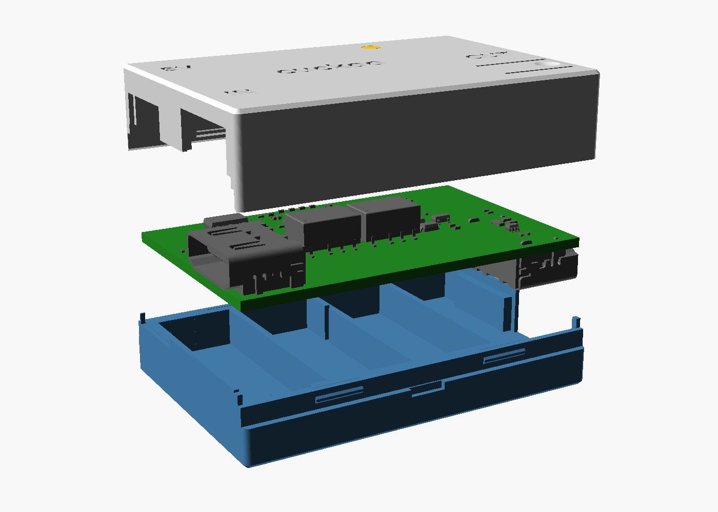 Exploded render of the Cuckoo case: lid, board and base
