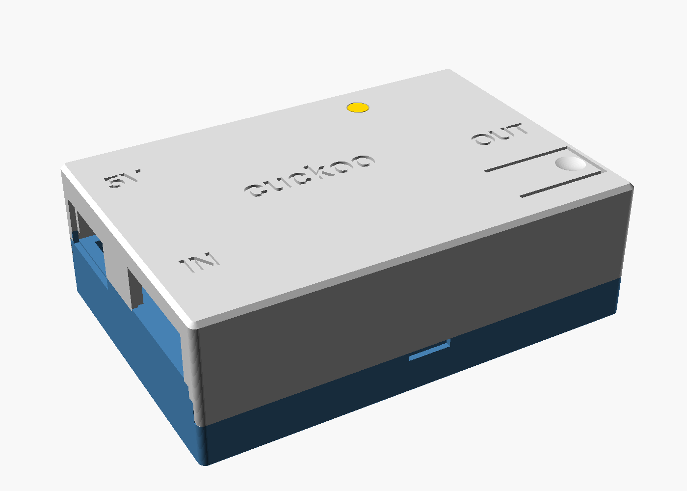 Cuckoo case render: a white lid on a blue base, with the HDMI and USB-C openings at one end and IN, 5V and OUT on the lid
