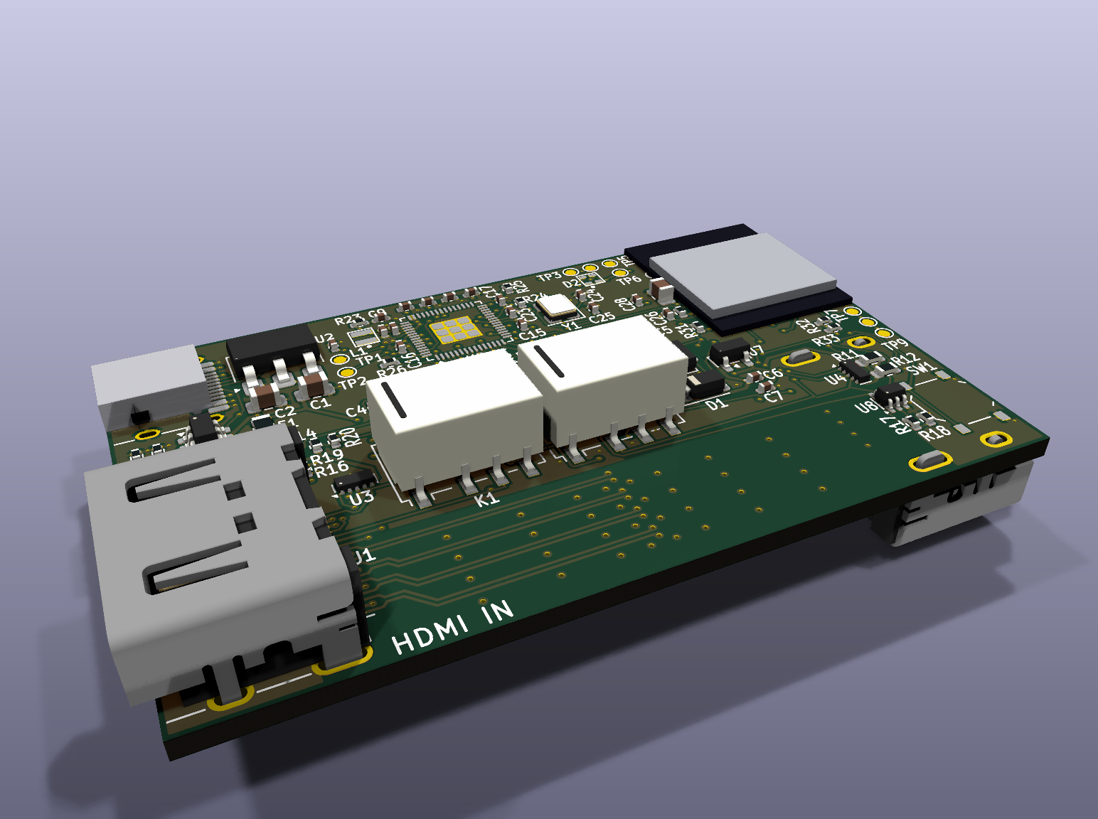 Cuckoo Rev A board render: HDMI input at the front left, two relays in the middle, the ESP32 module at the back right