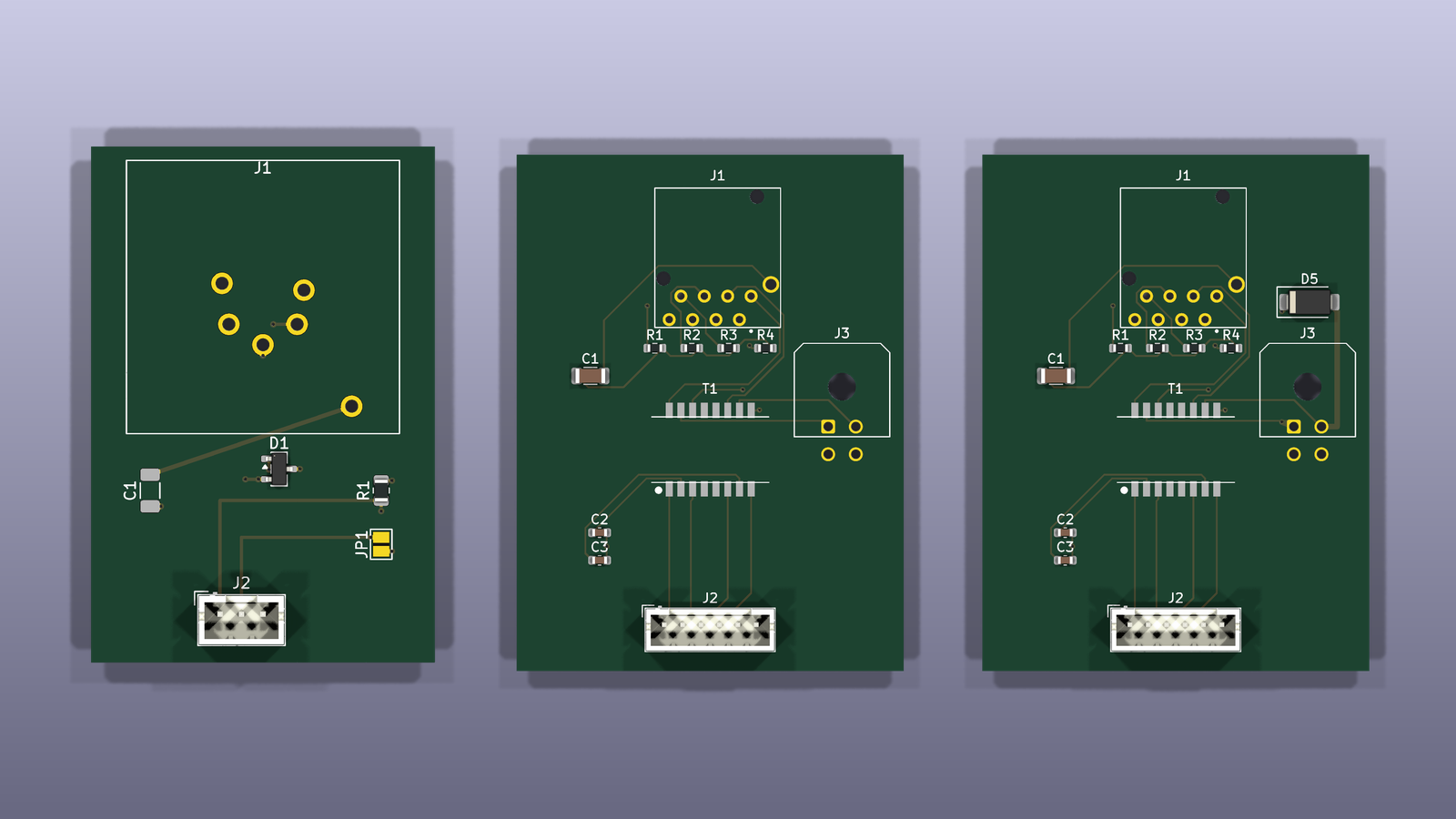 The three nanODE port-card designs side by side: the five-pin XLR DMX card, the network-in card and the network-through card