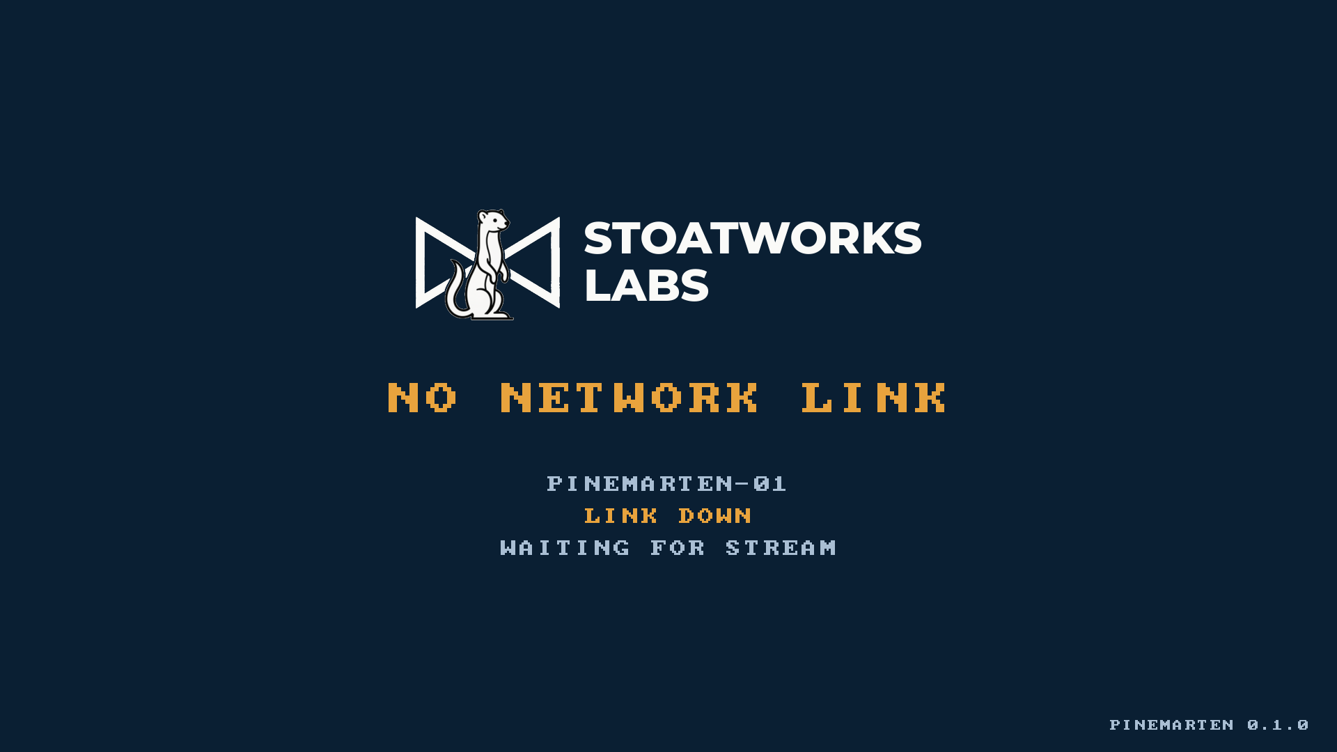 The same splash in a fault state, reading NO NETWORK LINK in amber with LINK DOWN in the status lines