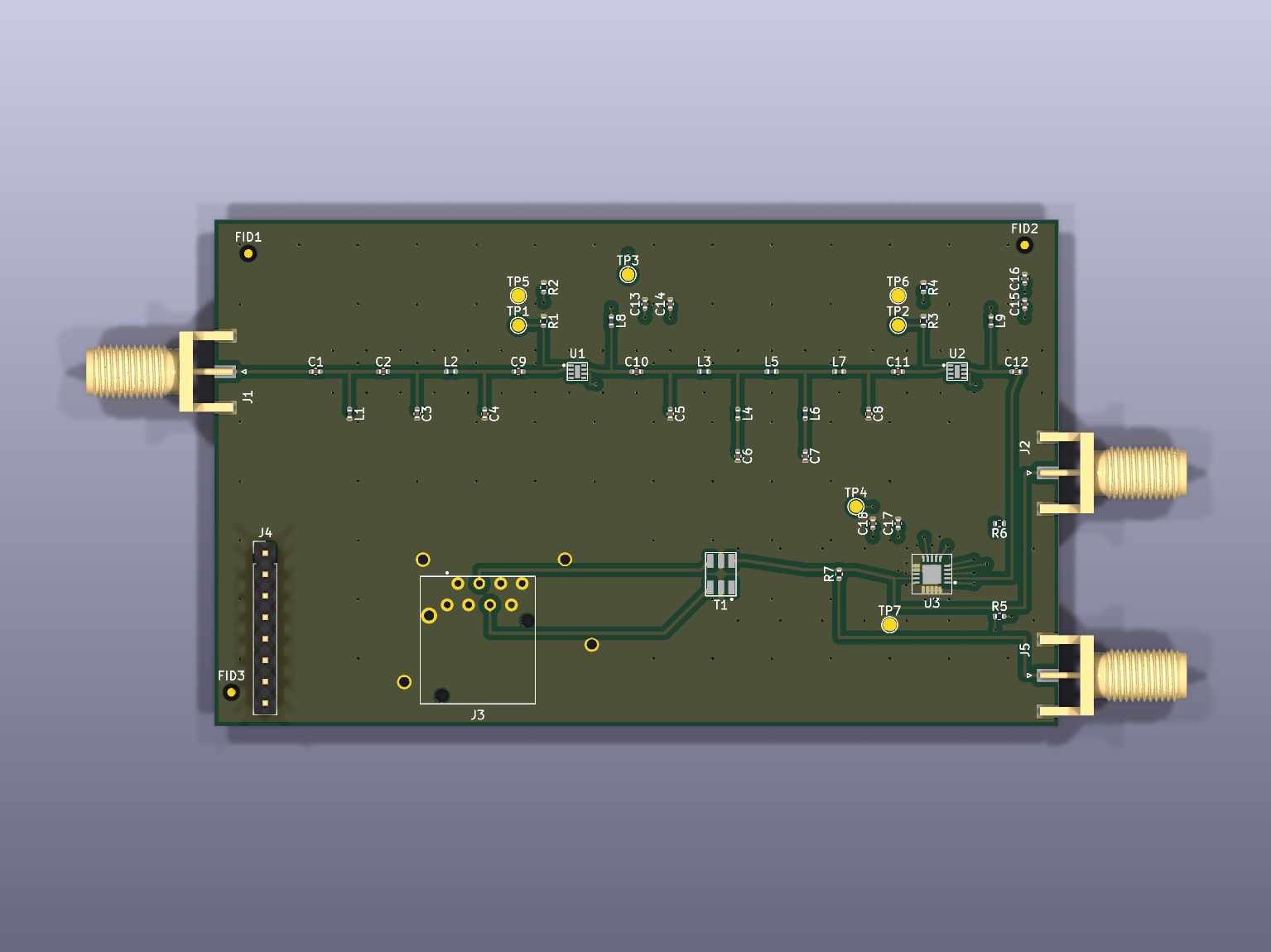 ANTeater front-end test board render: an SMA antenna input on the left, the filter and amplifier chain along the middle, two SMA connectors on the right and the etherCON footprint at the bottom left