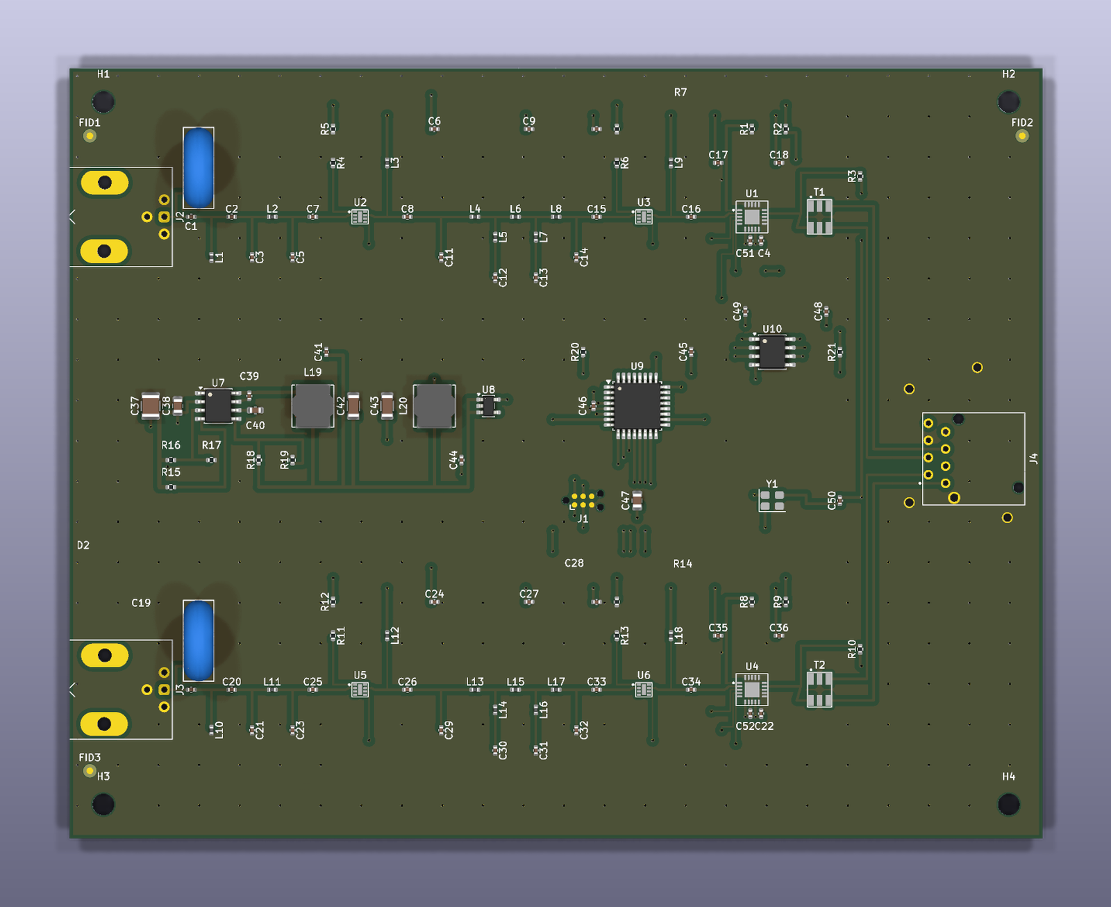 ANTeater head unit render: two BNC antenna inputs on the left, each feeding its own filter and amplifier chain across the board, and the etherCON on the right edge
