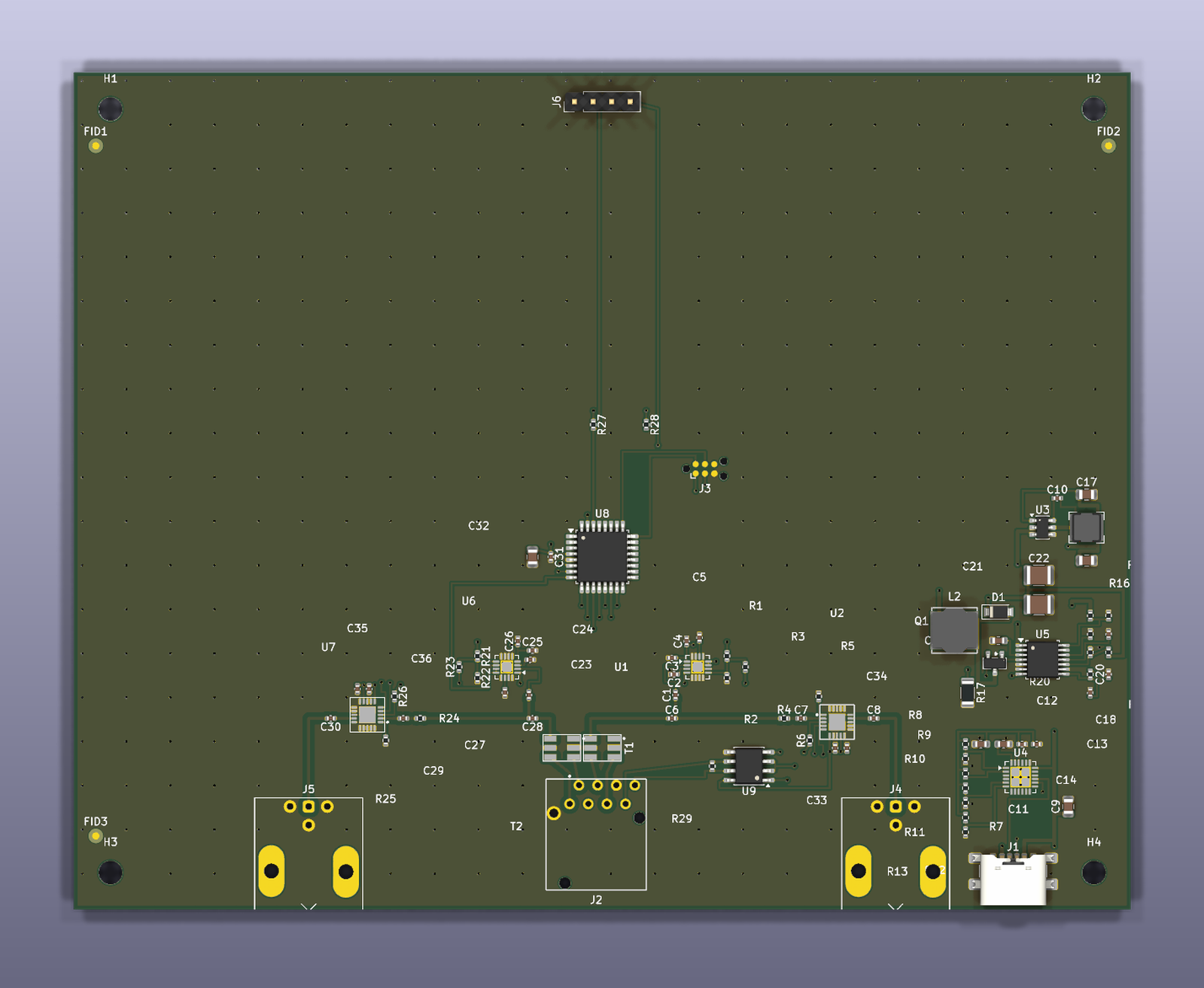 ANTeater rack unit render: the etherCON on the bottom edge with a BNC either side and a USB-C connector at the bottom right