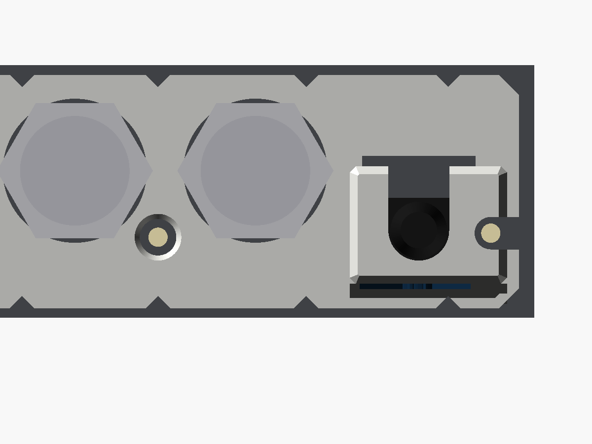 Straight-on render of the SDI end with the guard fitted, showing the lock LED in its window between the BNCs and the power LED in the slot in the side of the tower