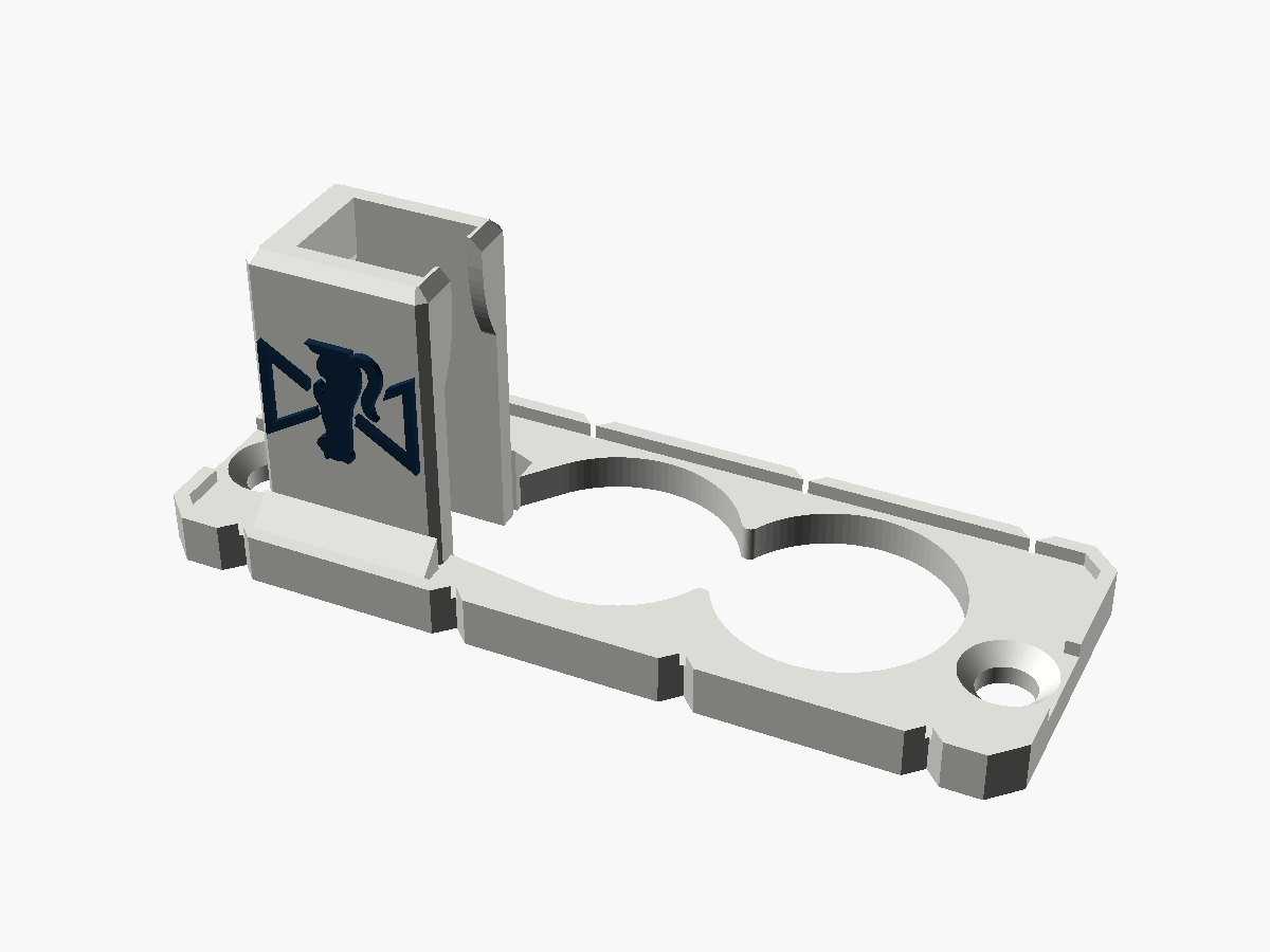 Render of the Decimator USB guard on its own: a flat plate with two overlapping round holes, a countersunk screw hole at each end, and a square tower at one end