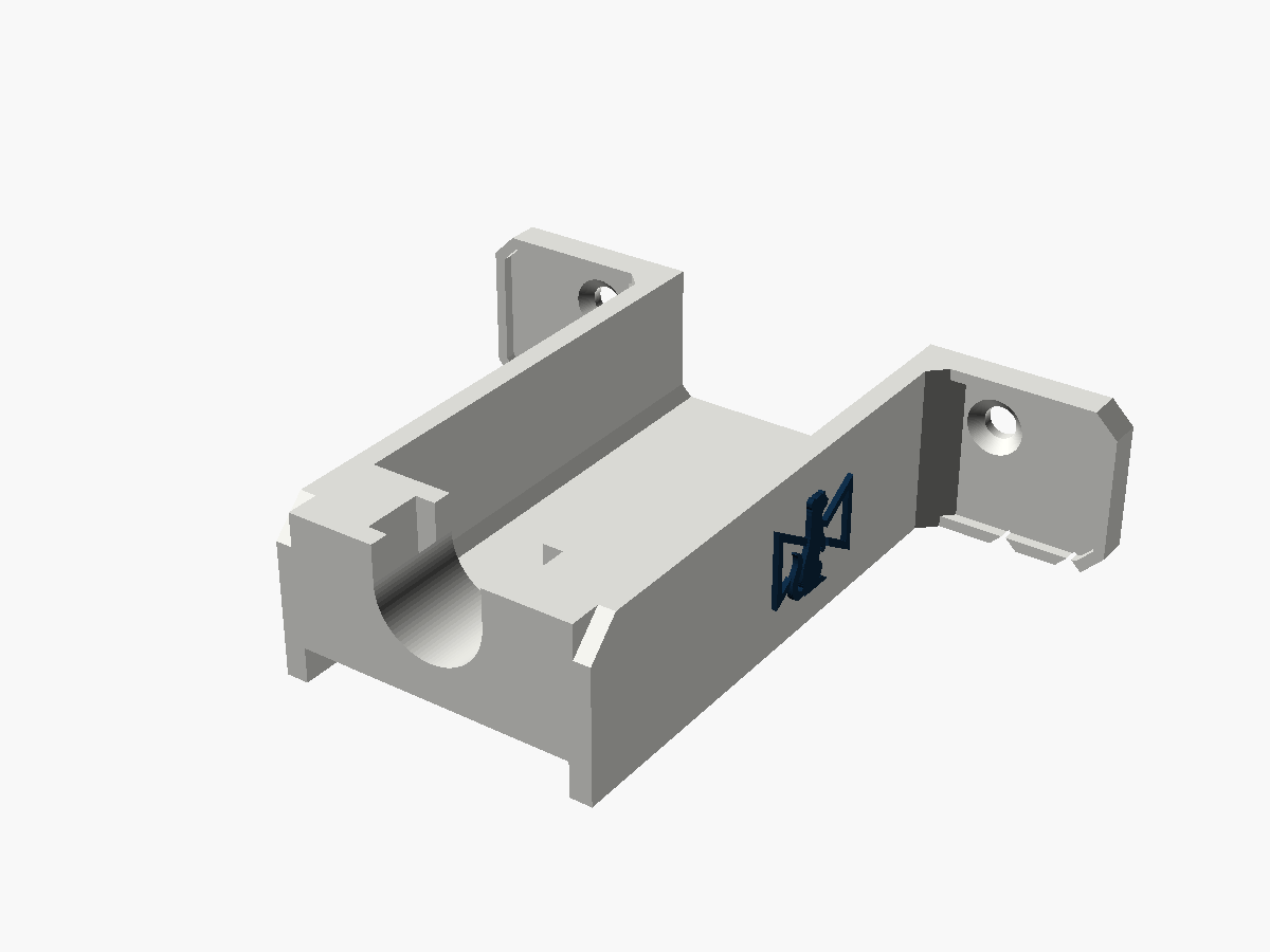 Render of the IP Mini HDMI clamp on its own: two countersunk screw tabs at the back, a channel with a wall each side, and a U-shaped trough at the front
