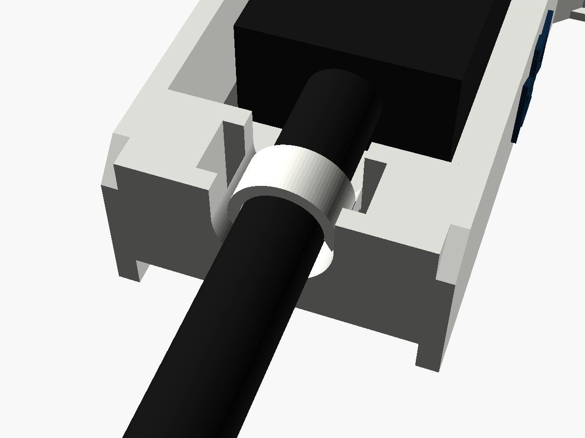Close render of the HDMI cable lying in the U-shaped trough at the end of the clamp, with a cable tie round it and the bar