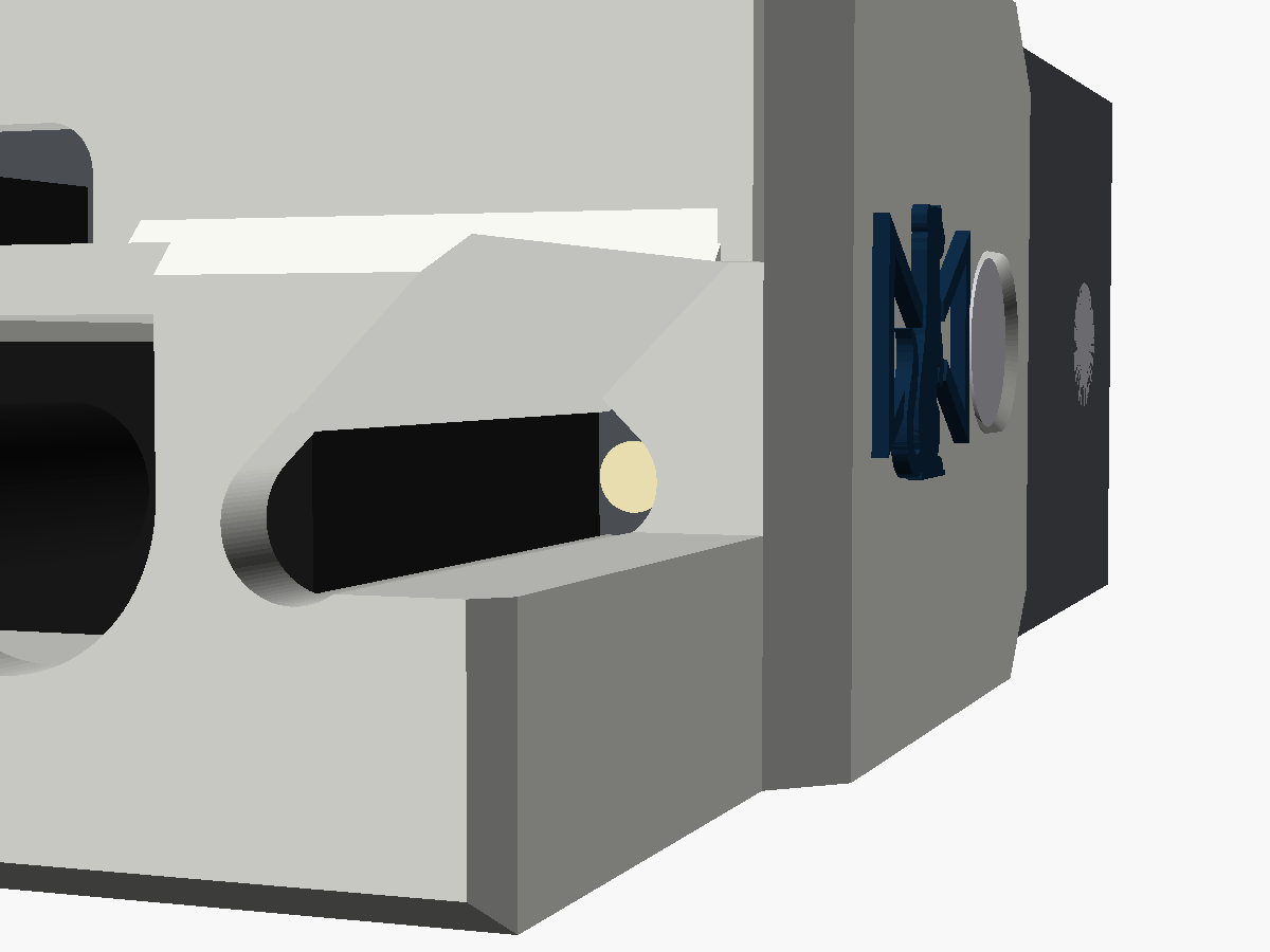 Close render of the window in the side of the tower, with the power LED lit at its far end