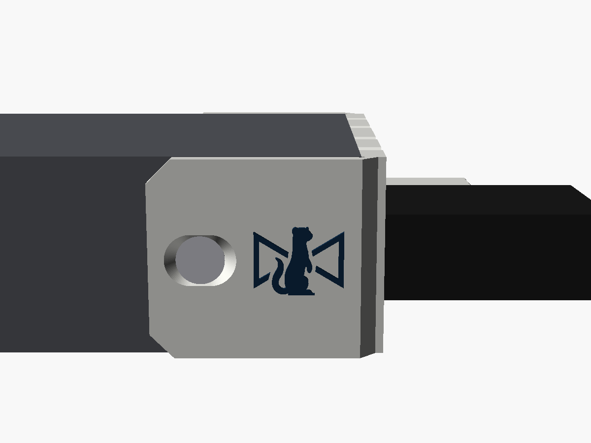 Side render of the guard's arm on the converter's case, with the countersunk screw in its slot and the Stoatworks mark beside it
