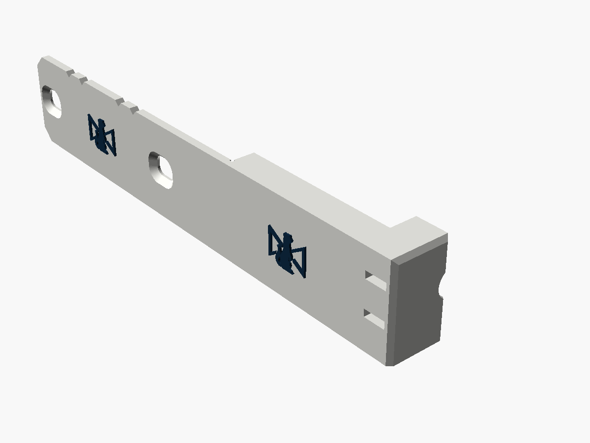 Render of the power clamp on its own: a long flat arm with two countersunk screw slots, and a spine running out to a block with two tie tunnels