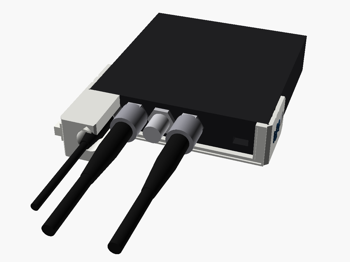 Render of the power guard on a Mini Converter Sync Generator, with BNC plugs in two of its REF OUTs beside the tower