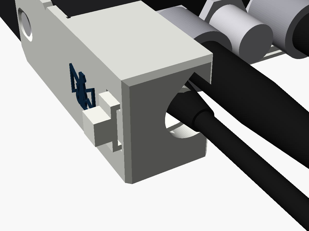 Close render of the top of the guard's tower: the 12 V plug's boot in the pocket and a cable tie closing on the tower's outer face