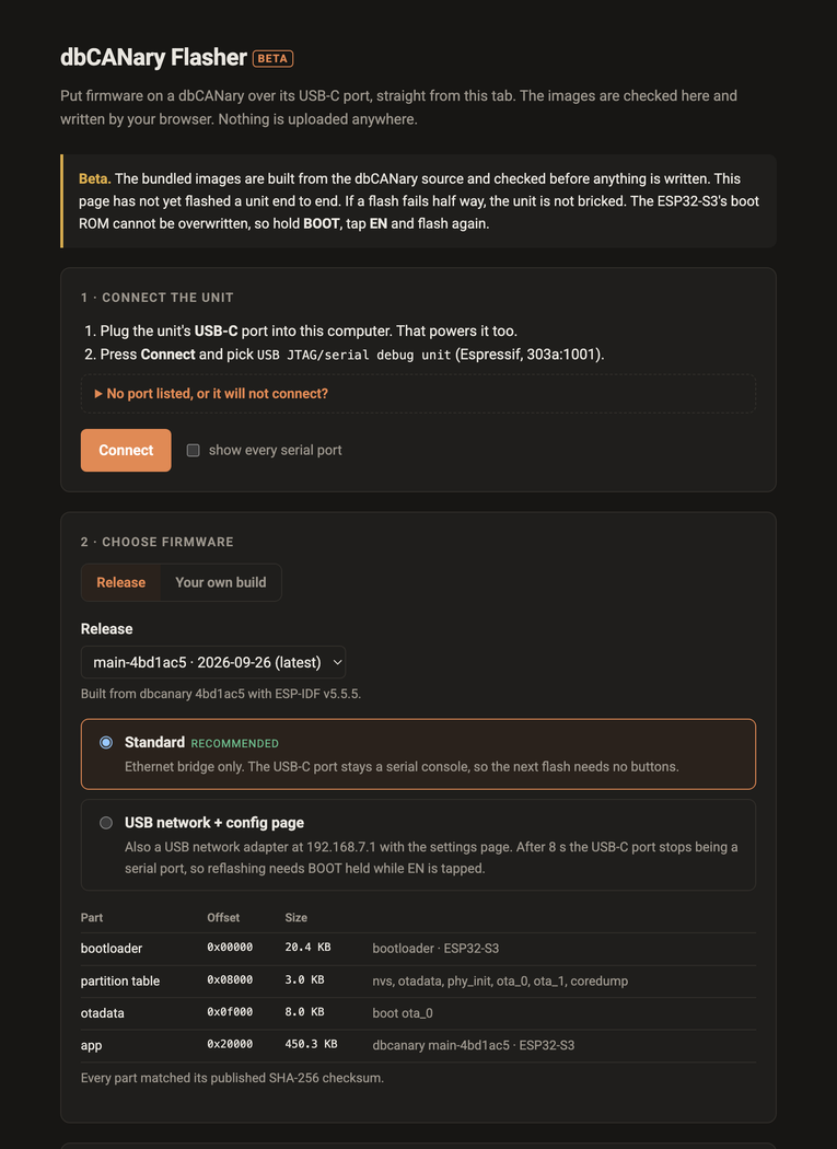 CANary Flasher — Firmware onto a CANary, from a browser