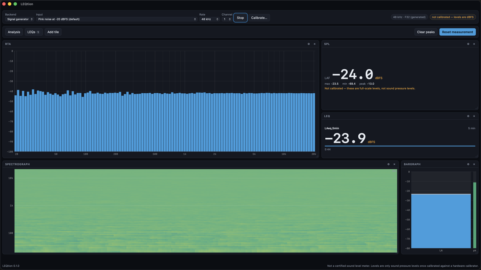 LEQtion — Sound level meter and dual-channel analyser