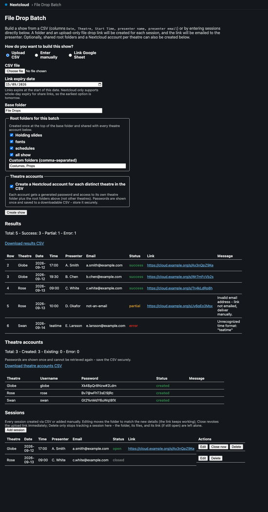 File Drop Batch — Bulk file drops in Nextcloud