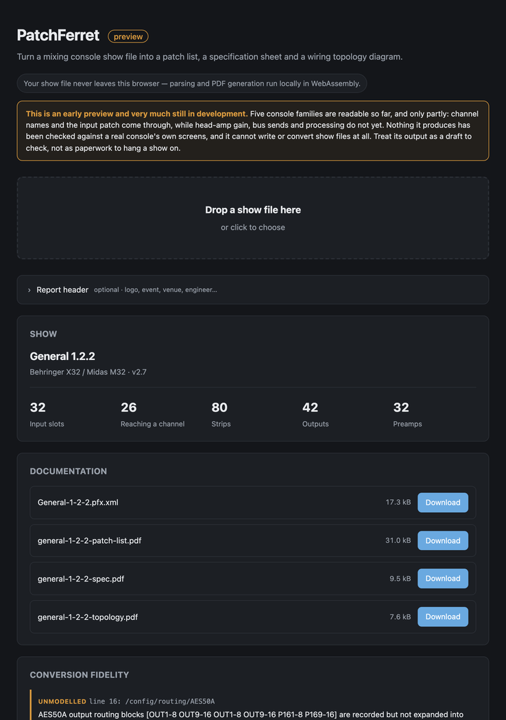 PatchFerret — Console show file in, patch paperwork out