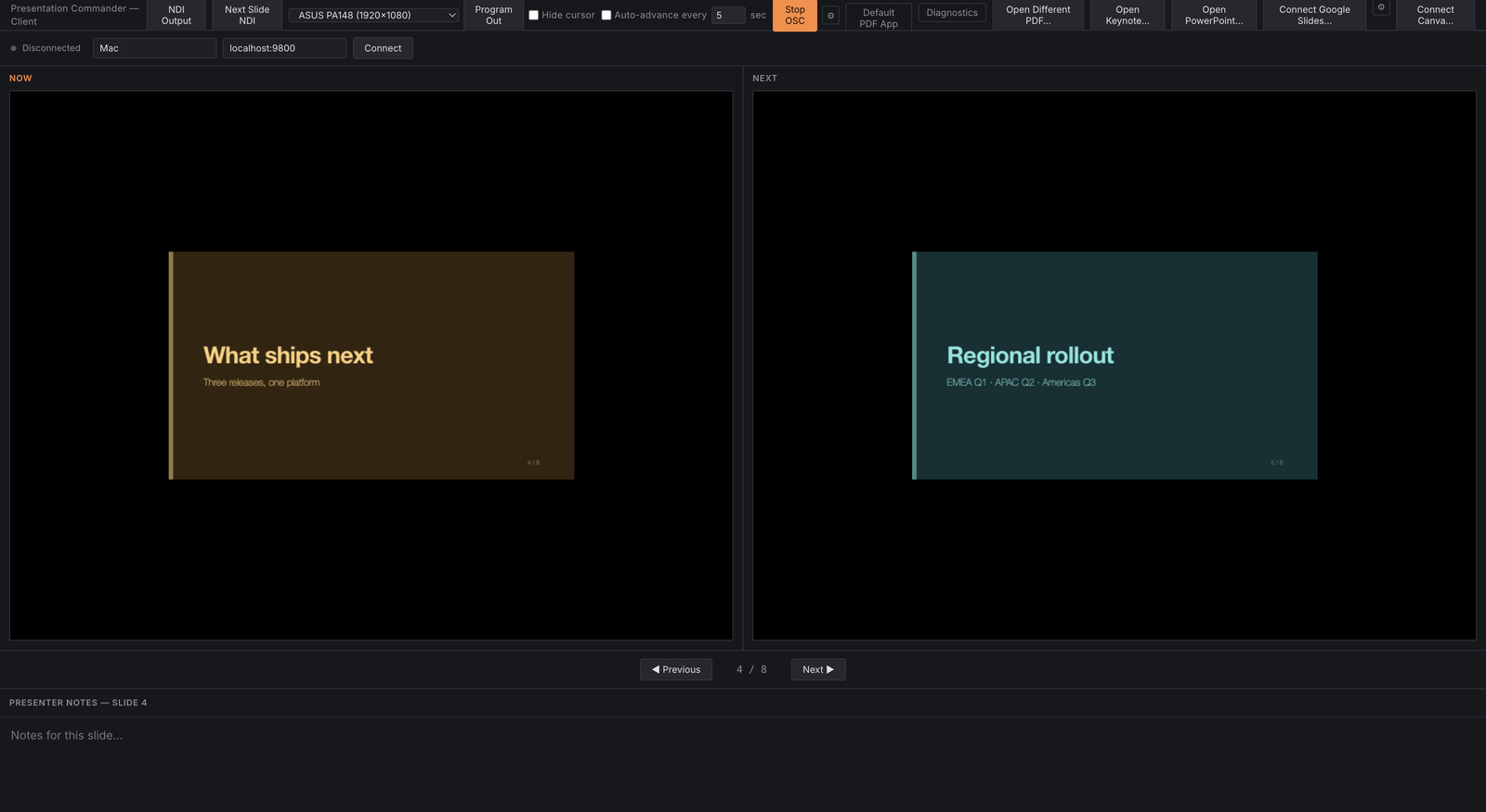 Presentation Commander — Client — A presenter for the stage laptop