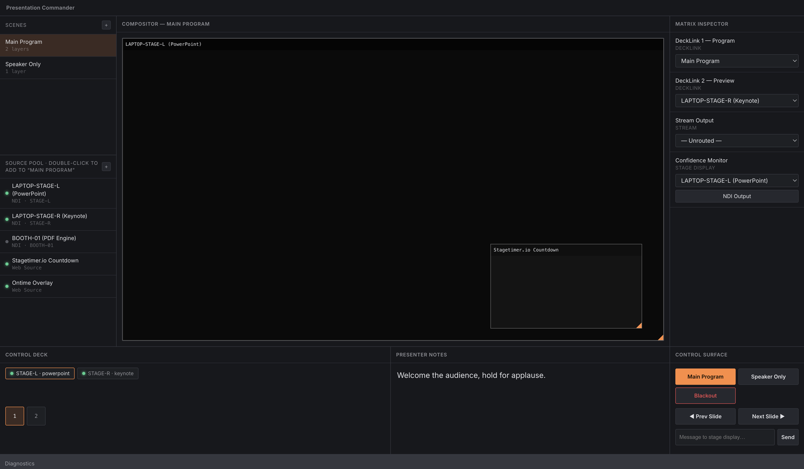 Presentation Commander — Server — NDI matrix for live events