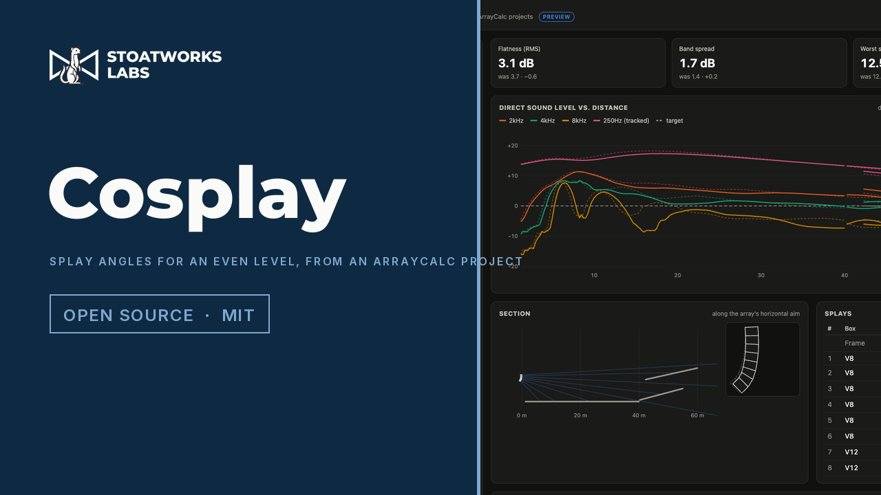 Cosplay (preview) — An ArrayCalc project in, line-array splays for an even level front to back out. Early preview