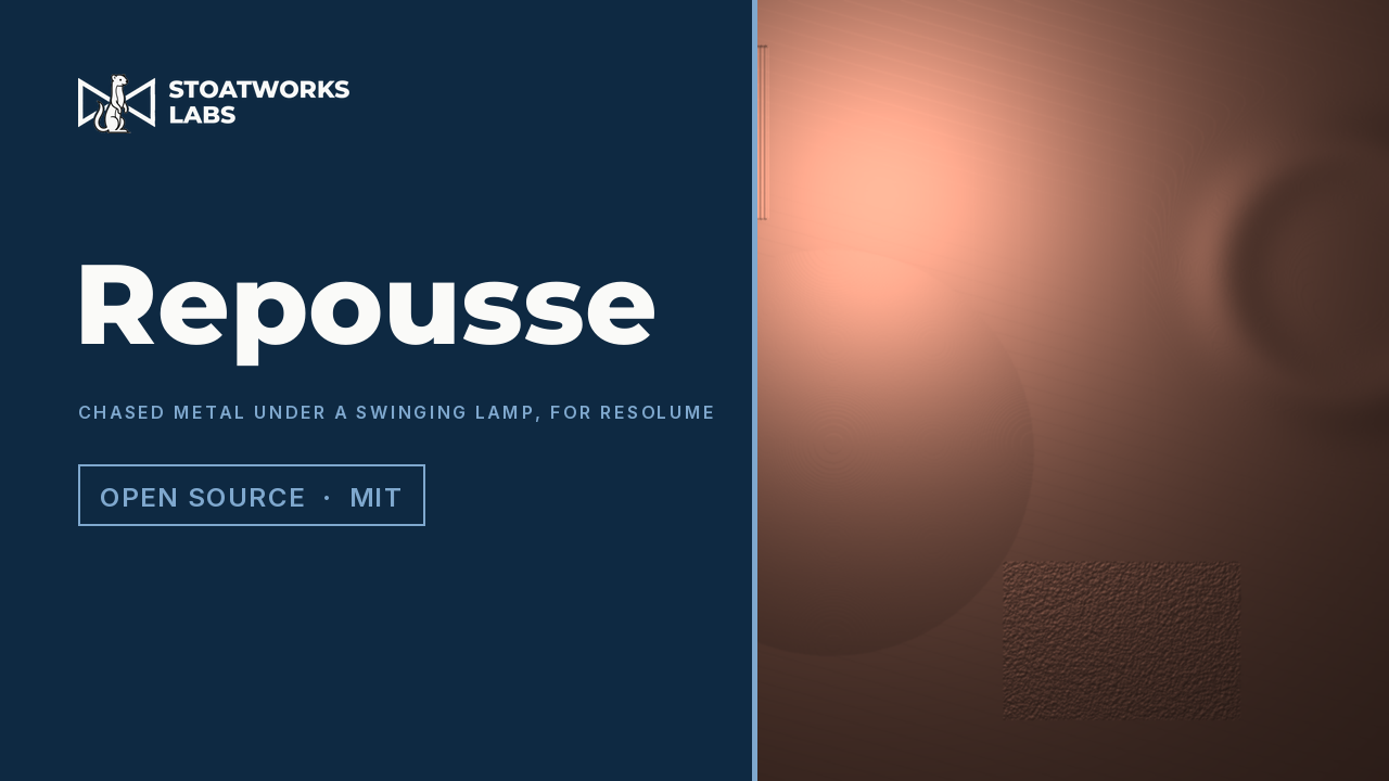 Repousse — Chased metal under a swinging lamp, for Resolume